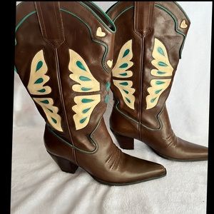NINE WEST Vintage Dark Brown PLANK Cowboy Western Butterfly Themed Womens Boots